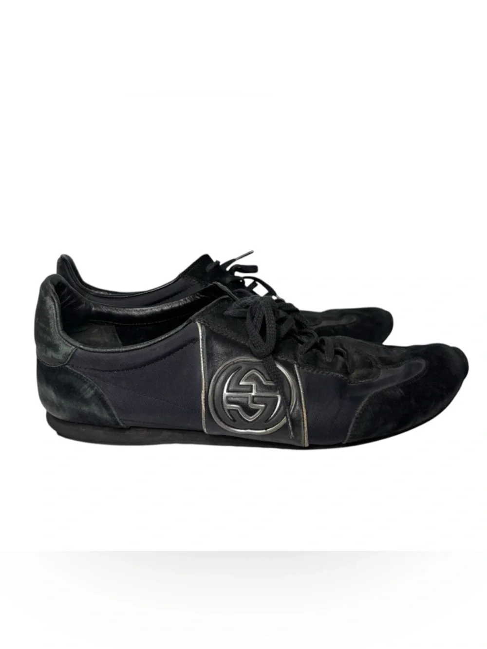 Gucci GG Logo Low Top Sneakers Black Leather Suede Mens‎ 12 G Italy Vintage Y2K